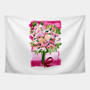 Pink flowers bouquet with red ribbon on pink background Tapestry