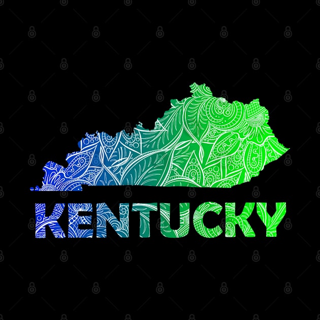 Colorful mandala art map of Kentucky with text in blue and green by Happy Citizen
