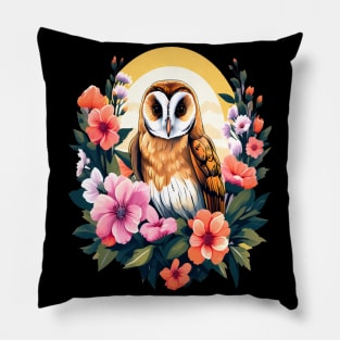 Cute European Barn Owl Surrounded by Bold Vibrant Spring Flowers Pillow