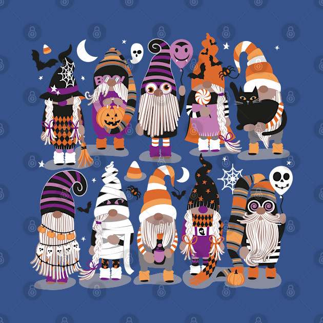 Disover Boo-tiful gnomes // spot // grey background fun little creatures black grey purple and orange dressed for halloween - Halloween - T-Shirt