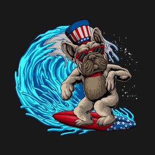 Patriotic French Bulldog Surfing Art Frenchie Dog Surfboard T-Shirt