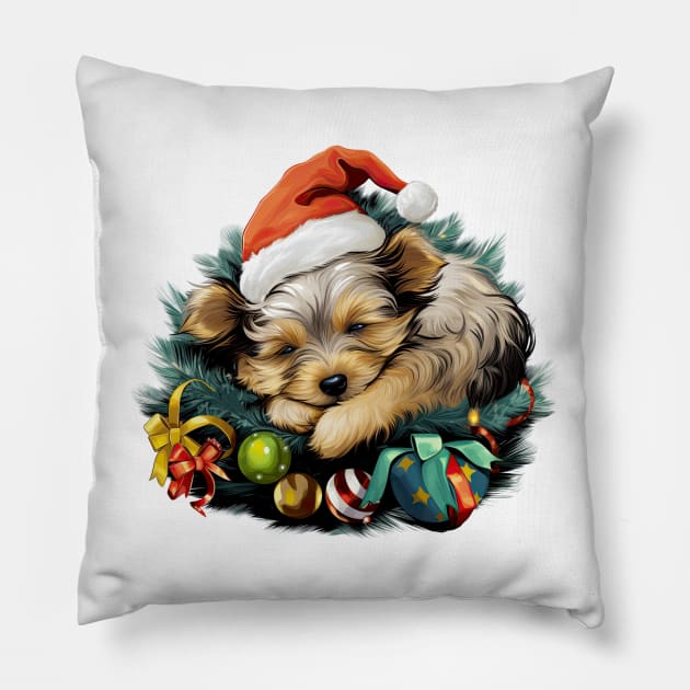 Lazy Yorkshire Terrier Dog at Christmas Pillow by Chromatic Fusion Studio