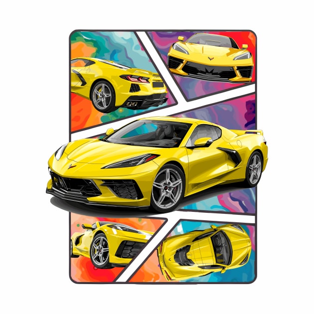 Multiple Angles of the Accelerate Yellow C8 Corvette Presented In A Bold Vibrant Panel Art Display Supercar Sports Car Racecar Accelerate Yellow Corvette C8 by Tees 4 Thee