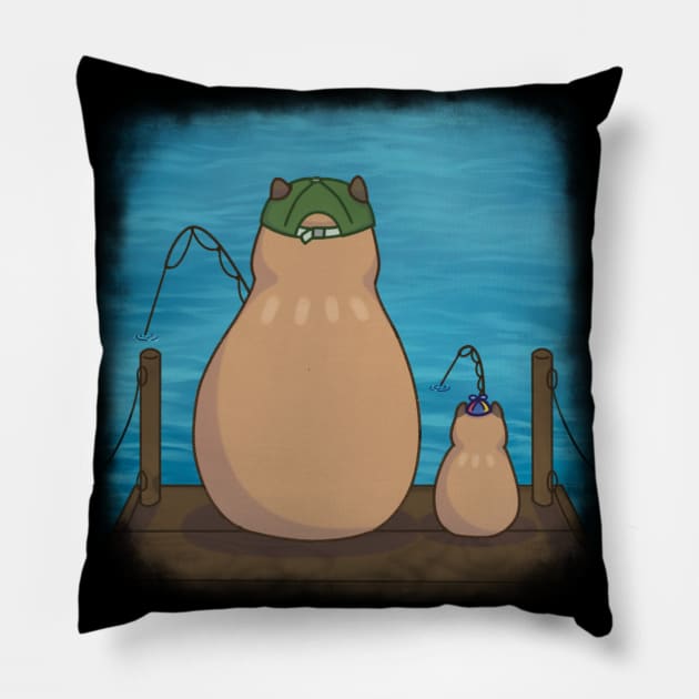 Capybara and Son on a Fishing Trip Pillow by Art by Biyan