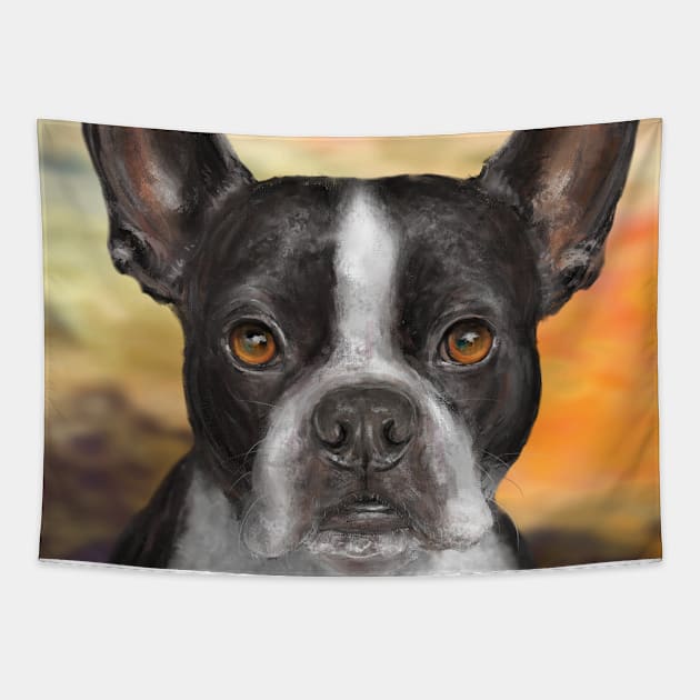 Painting of a Black and White Boston Terrier, with Orange Background Tapestry by ibadishi