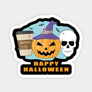 Happy Halloween - Spooky Skull, Pumpkin & Coffee Magnet