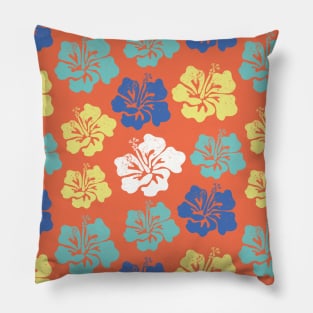 Hibiscus flower silhouettes. Yellow, royal blue and aqua blue Hawaiian hibiscus flowers on an orange background. Vintage inspired. Pillow