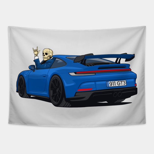 car 911 GT3 skull metal hands navy blue Tapestry by creative.z