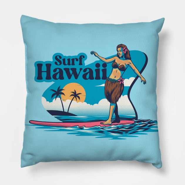 Surf Hawaii // Vintage Hawaiian Hula Dancer on a Surfboard Pillow by SLAG_Creative