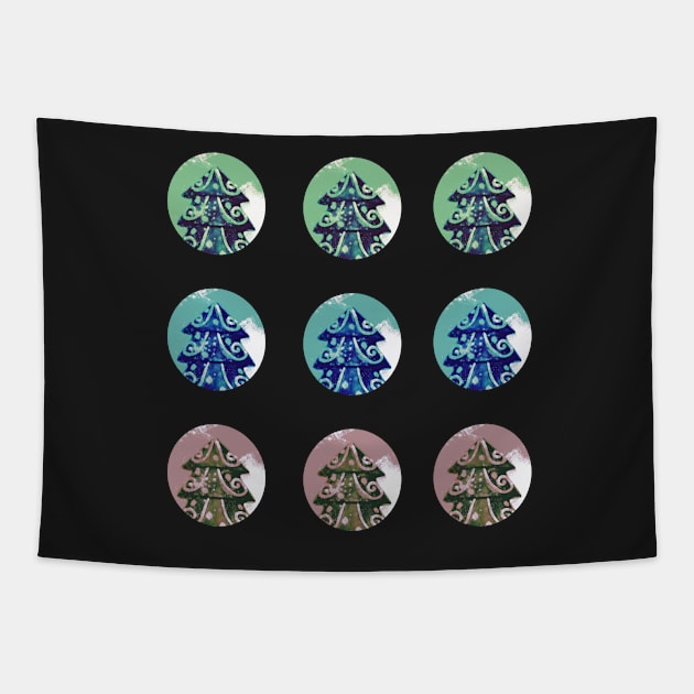 Festive Green Blue Decorated Christmas Tree Holidays on Black Tapestry by OneLook