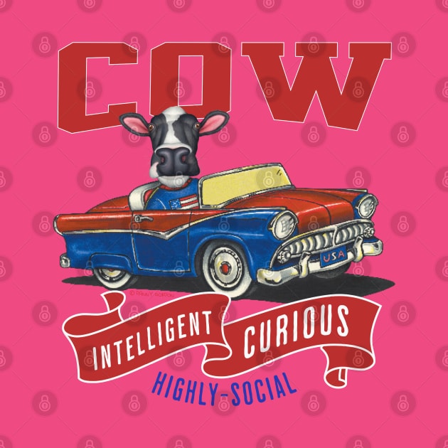 Funny and cute cow in a vintage classic retro car with red white and blue banner with personality traits tee by Danny Gordon Art