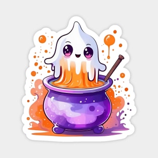 a ghost in a cauldster with a stick Magnet