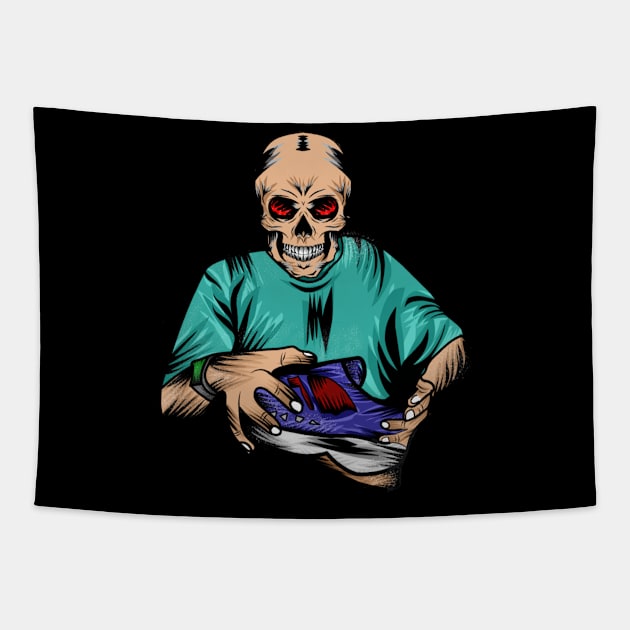 vector image with a person with a skull head holding a shoe Tapestry by Innometrics