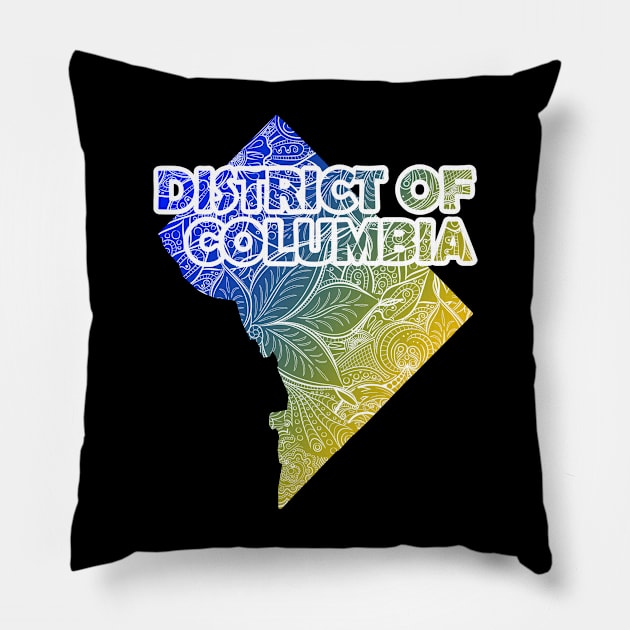 Colorful mandala art map of District of Columbia with text in blue and yellow Pillow by Happy Citizen