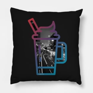 Iced frappe coffee busy cityscape road Pillow