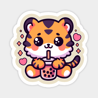 Baby Tiger Drinking Bubble Tea Kawaii Wild Animal Magnet