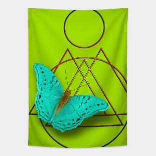 Surreal blue butterfly on vibrant green Tapestry