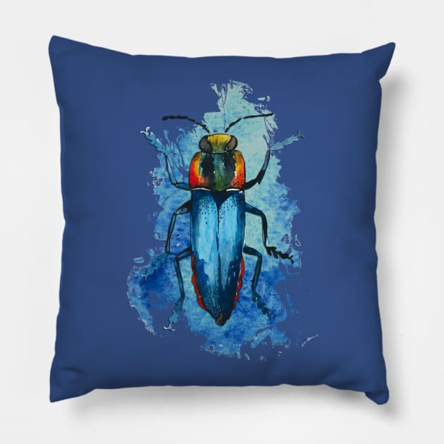 Beautiful Watercolor crawling BUG Blue Pillow by EDDArt