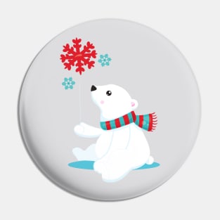 Polar Bear, Bear With Scarf, Cute Bear, Snowflakes Pin