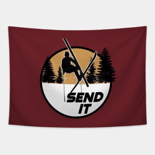 Send it skiing ski jump mountains 80's sports Tapestry