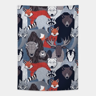 Canadian wild geometric animals // blue background brown bear bull moose beaver bison grey lynx black and white raccoon bear wolf red foxes Tapestry