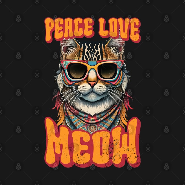 Peace Love Meow, Retro Groovy Style Hippie Cat Lover Design by PugSwagClothing