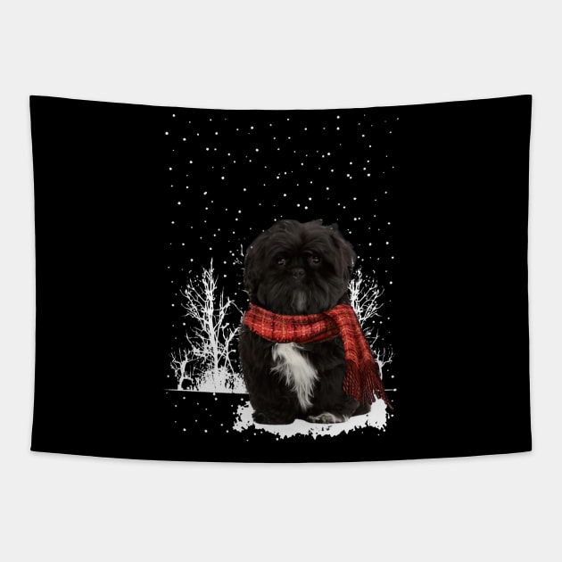 Christmas Black Shih Tzu With Scarf In Winter Forest Tapestry by TATTOO project