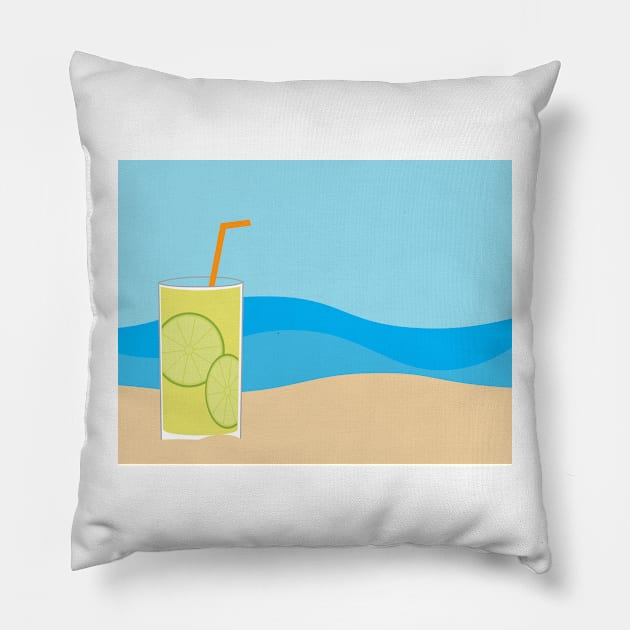 Lemonade glass on Brown sand and Blue sea background Pillow by sigdesign