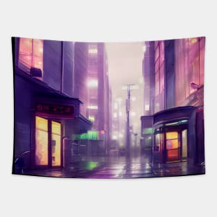 Lofi Aesthetic Rainy Japanese City Art Tapestry