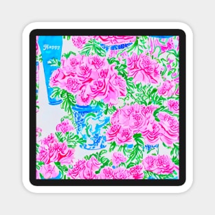 “Happy”Lilly Pulitzer style roses in chinoiserie jars seamless pattern Magnet