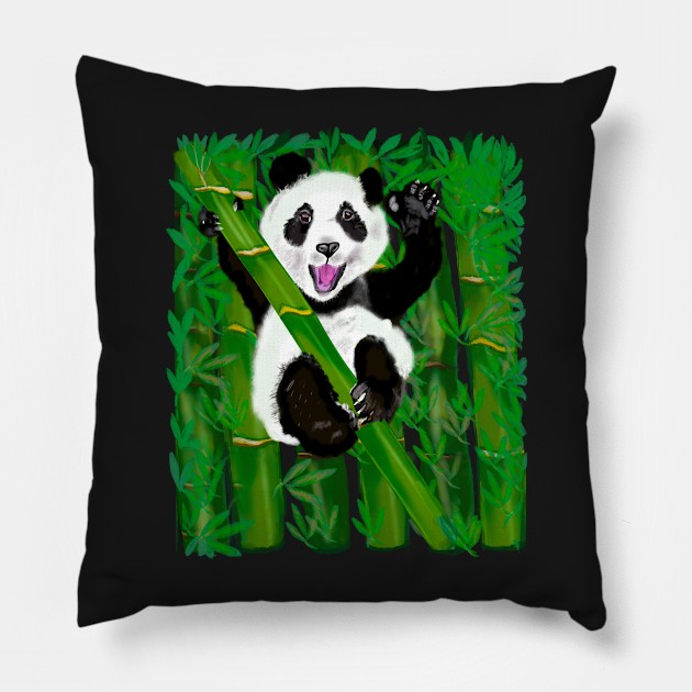 Panda bear Cute kawaii fluffy Smiling panda bear cub in bamboo foliage Pillow by Artonmytee