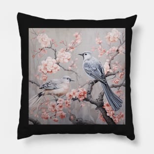 Grey and pink chinoiserie painting with birds and flowers Pillow