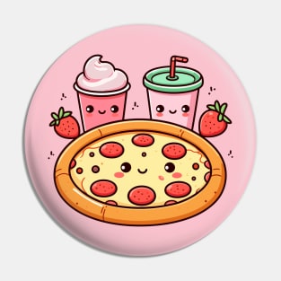 Kawaii Pizza Party with Pepperoni Pizza, Strawberry Ice Cream, and Drink | Kawaii Food Art Pin