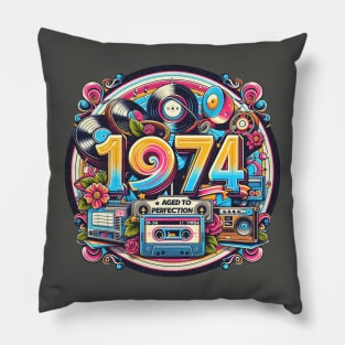 1974 Birthday Nostalgia: Vinyl records and tapes, Born in '74, 70s groovy vibes Pillow