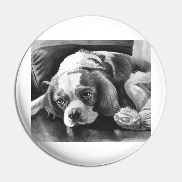 Cavalier King Charles Spaniel - Blenheim Black and White Portrait Pin by jollyinu