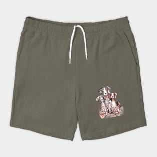 Whimsical Illustration Featuring Three Dogs with Patchwork Like Patterns on Their Bodies Shorts