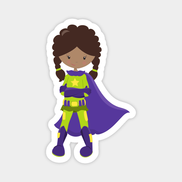 African American Girl, Superhero Girl, Purple Cape Magnet by Jelena Dunčević