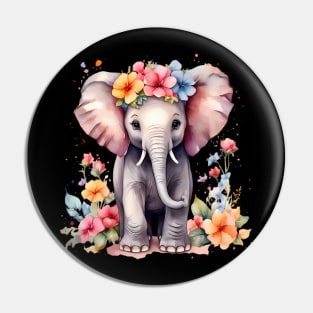 A baby elephant decorated with beautiful watercolor flowers Pin