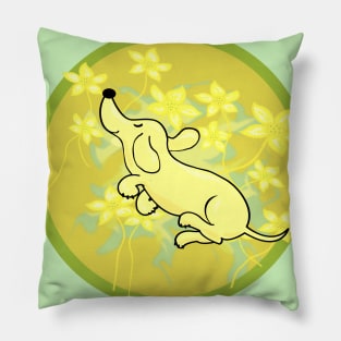 Happy Flying dachshund in green Pillow
