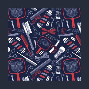 Shear shave shine // pattern // midnight blue background red white and blue vintage barber shop tools T-Shirt