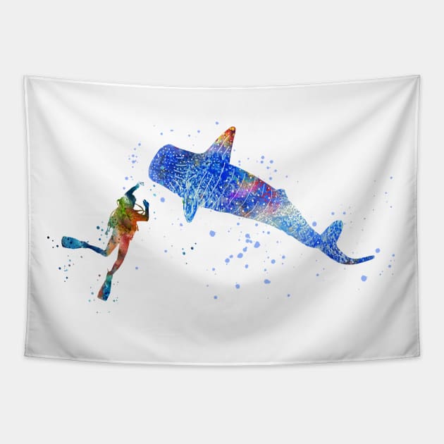 Scuba diver, blue whale shark Tapestry by RosaliArt