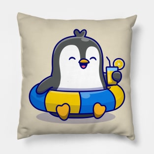 Cute Penguin With Swimming Tires And Orange Juice Cartoon Pillow
