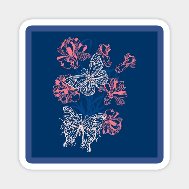 Blue and Pink Butterflies and Flowers Magnet by Carolina Díaz