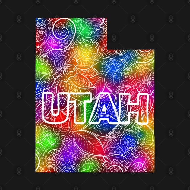 Colorful mandala art map of Utah with text in multicolor pattern by Happy Citizen