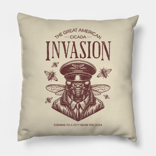 Vintage Cicada Invasion 2024 Emergence Coming to a City Near You Pillow by daisyblue