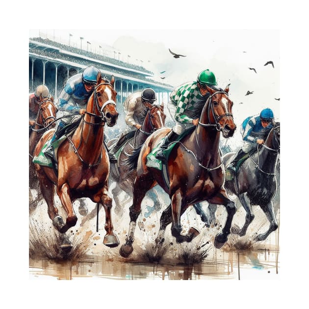 Artistic illustration of horses and jockeys in a horse race by WelshDesigns