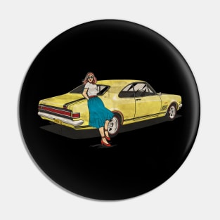 vintage yellow car and woman Pin