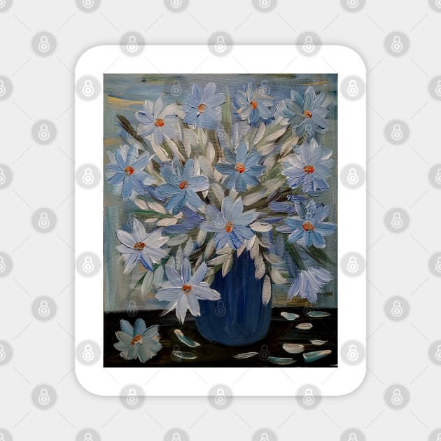 stunning some abstract flowers and silver leaves in a Blue and teal vase and I love the vase in metallic finish on it . Magnet by kkartwork