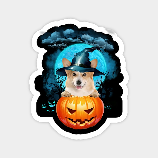 Corgi Witch Hat Pumpkin And Blue Moon Halloween Magnet by Tagliarini Kristi