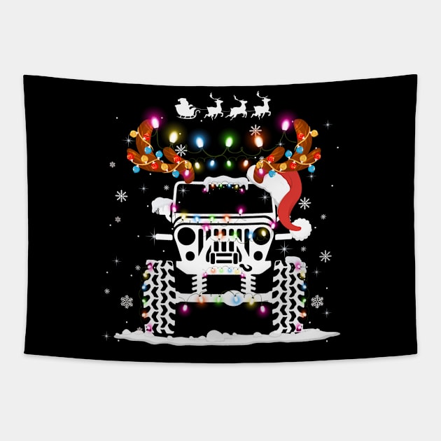 Jeep Christmas Lights Xmas Tree Reindeer, Funny jeep reindeer christmas tree lights parade Tapestry by Printofi.com